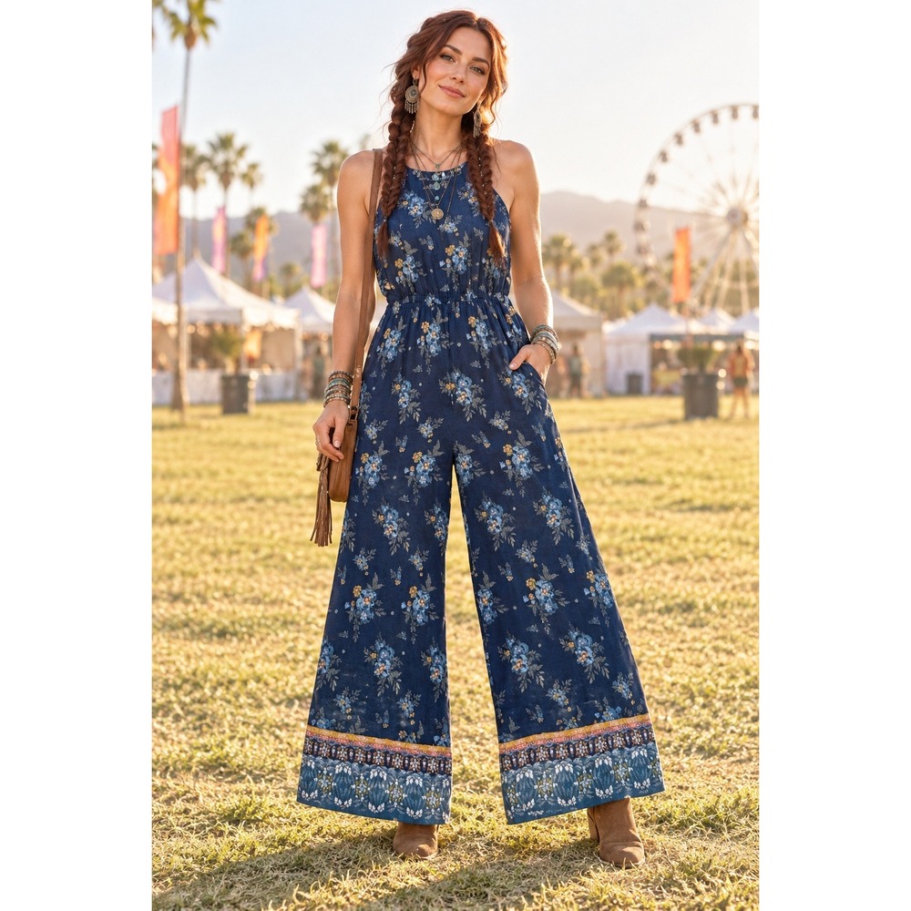 Boho Festival Hippie Y2K Navy Blue Yellow Wide Leg Floral Halter S Jumpsuit